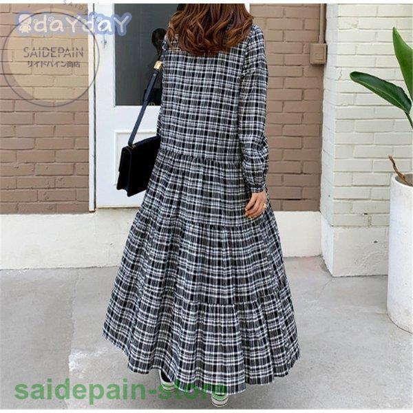 ロングワンピース 冬 春 レディース ワンピース 長袖 ロング丈 Aラインワンピース 黒 チェック 体型カバー ゆったり シンプル 上品 大人 ママ マキシ丈 コーデ 送料無料 一部地域を除く