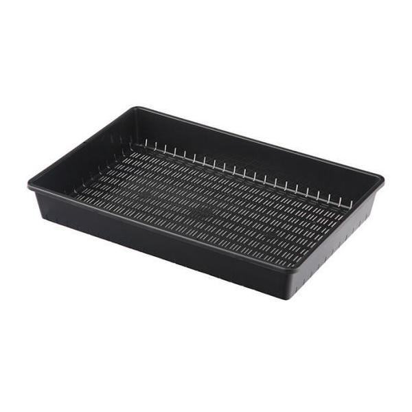 通水性・通気性のよい底穴構造のため、タネまき・さし木・さし芽用として最適です。花苗箱として花苗（3寸）が２４個入るピッタリサイズ。サイズ：約幅５１．４cm×奥行３４．８cm×高さ７．７cm素材：ポリプロピレン土容量：１０Ｌカラー：ブラック