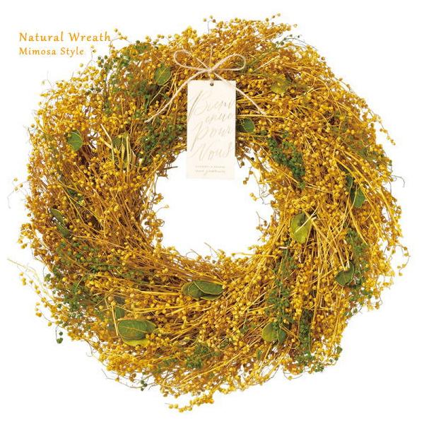毎年大人気のミモザ風ナチュラルリースです♪たっぷりの天然素材でアレンジされており、春の雰囲気を感じることができます！ 鮮やかなイエローがお部屋の雰囲気をパッと明るくしてくれます。玄関やお部屋、店舗内に飾ればとても華やかで素敵な空間に。早いう...