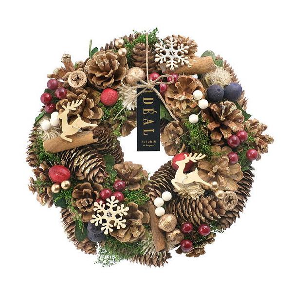 木の実や葉っぱなどのが用いられ、落ち着いた色味と自然素材を使用したやさしい雰囲気が魅力です。存在感がありつつも派手になりすぎないのもポイント。ゴールドのラメ加工で華やかさもあります。玄関やお部屋、店舗内に飾ればとても華やかで素敵な空間に。リ...