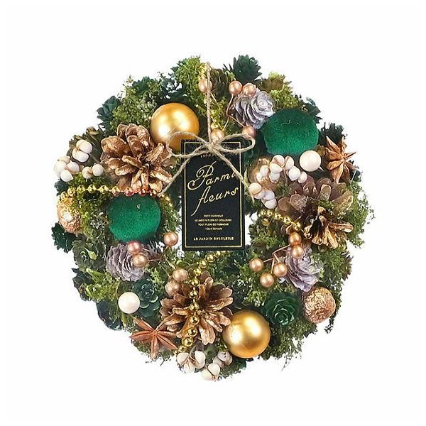 深みのある色合いのベロア生地と、 繊細にきらめくゴールドの高級感のあるパーツでアレンジ。グリーンを基調とした高級感あふれるリースで華やかな大人のクリスマスを演出します。ラメ加工が施されているので、きらきらと輝き玄関やお部屋に上品な華やかさを...