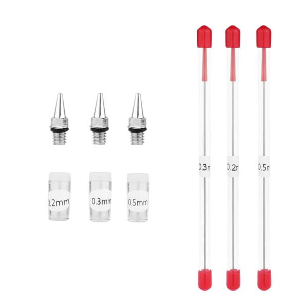 エアブラシ用の交換部品、ノズルとニードルのセットです。ノズルは、エアブラシ本体に付属のノズルレンチを使用して交換して下さい。ニードルは、エアブラシボディーの後ろ側を外しニードル固定ネジを緩めて慎重に交換して下さい。ニードルの長さ 130mm...