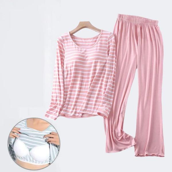 2点セット カップ付き ルームウエア ボーダー 上下セット 長袖 Tシャツ ロングパンツ レディース パジャマ 春 夏 秋 冬 着心地いい