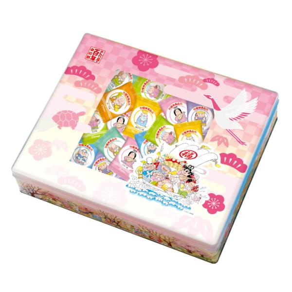 香ばしい「えび味」　恵比寿天風味豊かな「青のり味」　大黒天香り高い「しそ味」　福禄寿コクのある「バター味」　弁財天ピリリと辛い「唐がらし味」　寿老人まろやかな「チーズ味」　布袋尊スパイシーな「カレー味」　毘沙門天ひと粒ずつ個包装されて入って...