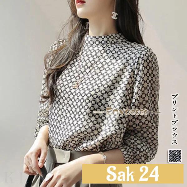 レトロ柄  シフォン 長袖 レディース トップス 上品 きれいめ 事務服 シャツ  プリント スタンドネック フェミニン ブラウス 春 レディース