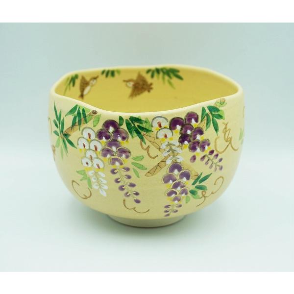 色絵　藤の花に雀茶碗　深山作 色絵 藤の花に雀茶碗 深山作