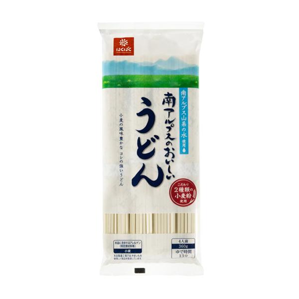 はくばく南アルプスのおいしいうどん360ｇ（90ｇｘ4）ｘ12　/しっかり食感を出す小麦粉と風味の強い小麦粉の2種類を配合