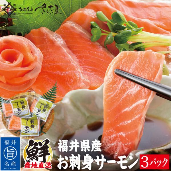 ◎内容量：１パック（100ｇ）×３◎原材料：福井県産 トラウトサーモン ◎ポイント：生原料を仕入れ、丁寧に捌いて急速冷凍しました。鮮度・食感ともに抜群です。半解凍の状態で切るときれいに仕上がります。下処理済みなので、皮をはいだり骨を抜いたり...