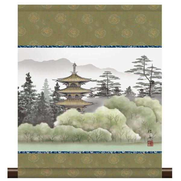和風モダン掛 現代日本画 山水画 幽山塔景 KM3R2-094 : さくらソレイユ