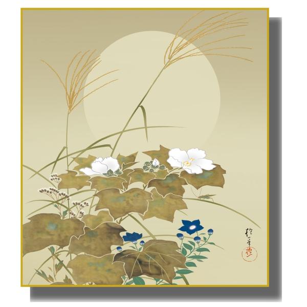 色紙絵 模写複写画 酒井抱一 秋草に螽斯図 K10-081