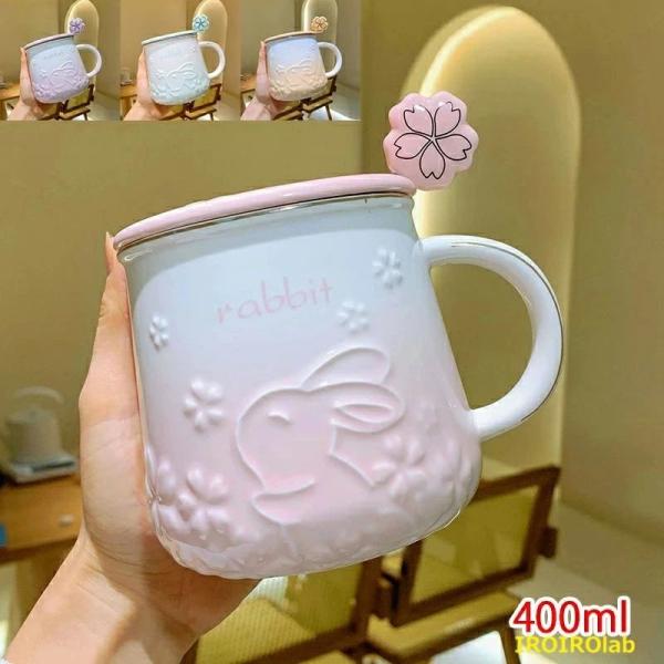 マグカップ 400ml 夢幻 グラデーション 桜 さくら ウサギ柄  フタ付き スプーン付き コーヒーカップ 陶器 ティーカップ コップ カフ 使いやすい おすすめ
