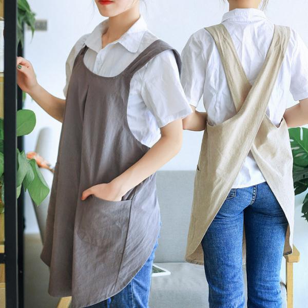 おしゃれ ナチュラル リネン エプロン ベージュ カフェ DIY作業服 キッチン エプロン コットン リネン 綿 麻 無地 レディース シンプル 台所