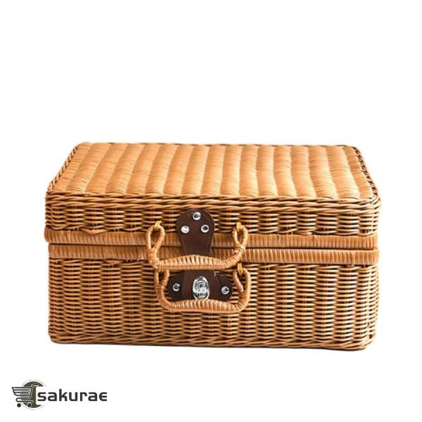 ピクニック収納バスケット 蓋付き かご カゴ お弁当箱 かごバッグ 収納バスケット かごバッグ 手持ち ランチバスケット 収納 籠 籐のかご ランチバスケット ふたハンドル付き まね藤 編み箱 バスルーム整理 通気 遠足 旅行 お花見 行楽