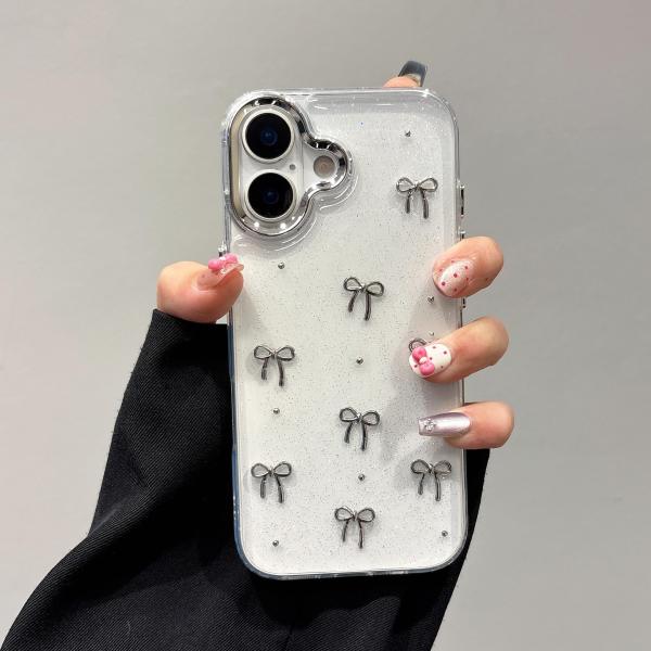 QLTYPRI iPhone 17 用 ケース クリア シルバー ミニリボン おしゃれ 韓国 iphone17 用 ケース 透明 可愛い 耐衝撃 ス