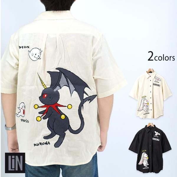 花柄刺繍 半袖シャツ 黒 黒菟華 ロゴ刺繍半袖シャツ LIN AL-759013 和柄 兎 ウサギ 和風