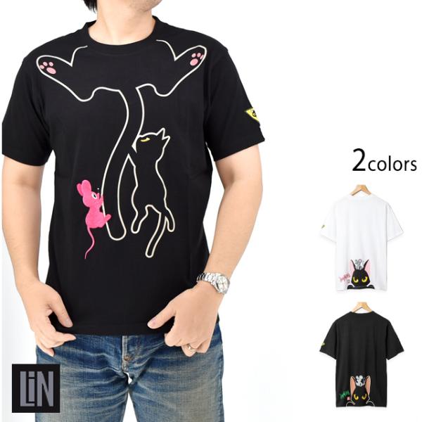 ラミ＆アール 何か見つけたの？半袖Tシャツ LIN AL-75109 黒猫 ネコ ネズミ ユニセックス ラミ＆アール 何か見つけたの？半袖Tシャツ LIN AL-75109 黒猫 ネコ