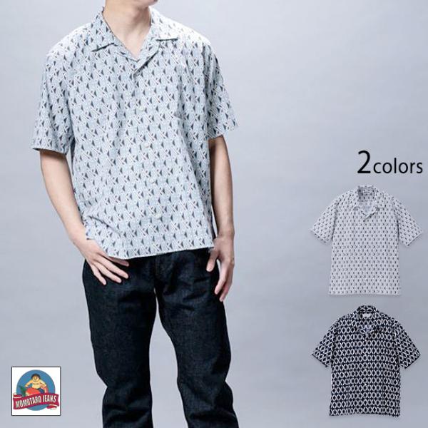 手捺染プリント半袖シャツ 桃太郎ジーンズ MXSS1003 MOMOTARO JEANS 日本製 国産 総柄 桃太郎ジーンズ（MOMOTARO JEANS） 手捺染プリント半袖シャツ MXSS1003