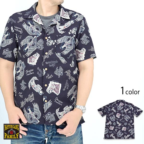 縮緬総柄オープンシャツ Native Gang Family NGF42-1481 アロハシャツ ハワイアン バイカー 縮緬総柄オープンシャツ Native Gang Family NGF42-1481 アロハシャツ