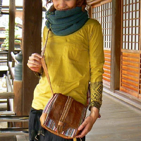 レザー×ゲリコットン スティッチベルトポシェット エスニック アジアン 