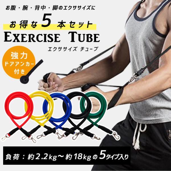 トレーニング チューブ 負荷別 5本セット【ハンドル／アンクルベルト