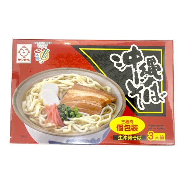 豚骨と鰹節のバランスのとれたスープと甘辛く味付けされた三枚肉を乗せれば、簡単に沖縄そばがお召し上がり頂けます。■原材料：めん−小麦粉（国内製造）・還元水あめ・食用油脂・食塩・卵白粉末・酒精・かんすい・加工澱粉・酢酸（Na）クチナシ色素・保存...