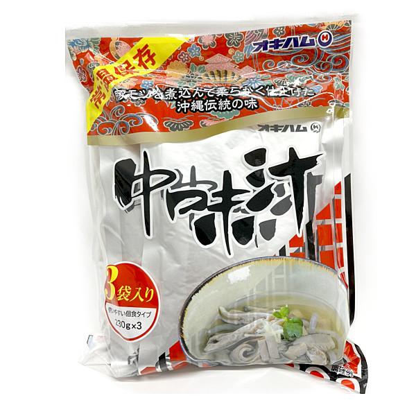 ◆商品名 【オキハム　中味汁・３パック】◆商品について「中味汁」は、すっきりした味に仕上げた、祝事には欠かせない沖縄の代表的な豚肉のお吸い物です。本品は温めるだけでお手軽に「中味汁」の美味しさが味わえます。◆原材料名 豚モツ（国産）、こんに...