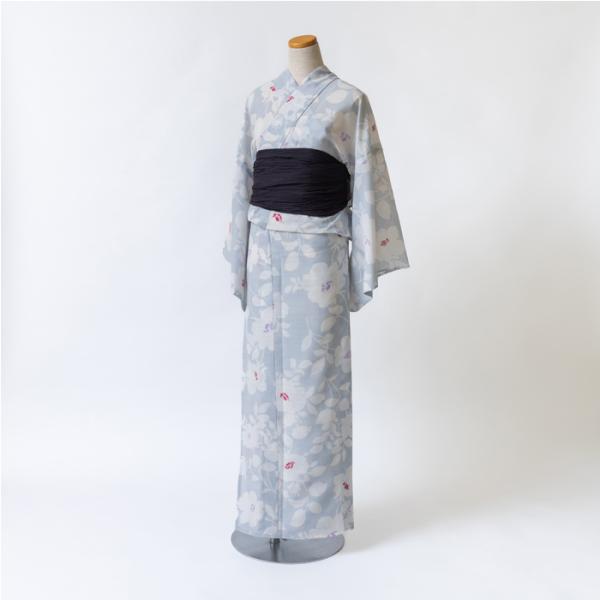 【新品未使用】さんびゆかた＜テトロン使用・花文・東レ謹製＞着尺　化繊綿混紡　反物 ゆかた 古今 フラワーシルエット （グレー） 東レセオα乱絽 灰色