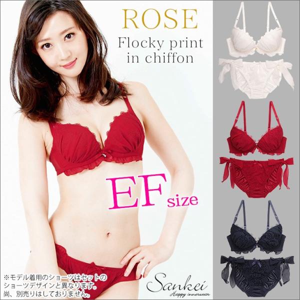 下着女性 上下セット ブラ＆ショーツ ブラジャーショーツ 大きいサイズ(ブラ ブラセット)(EFカップ)(palissee)花柄フロッキー加工 フリル ヒモパンサイドリボン