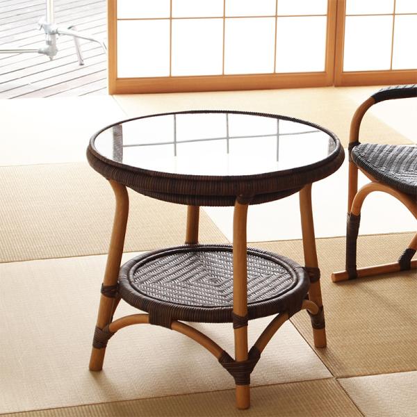 サイドテーブル 丸型 円 丸 ラタン 手編み ガラステーブル 55cm 籐