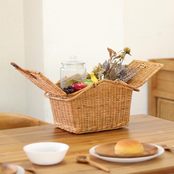 ラタン ピクニックバスケット 収納 かご カゴ フタ付き 蓋付き 籐