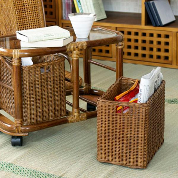 新品未使用❣️キャスター付きウッドラック バスケット収納サイドテーブル籐ラタン サイドテーブル ラタン 籐 おしゃれ ミニテーブル キャスター 収納