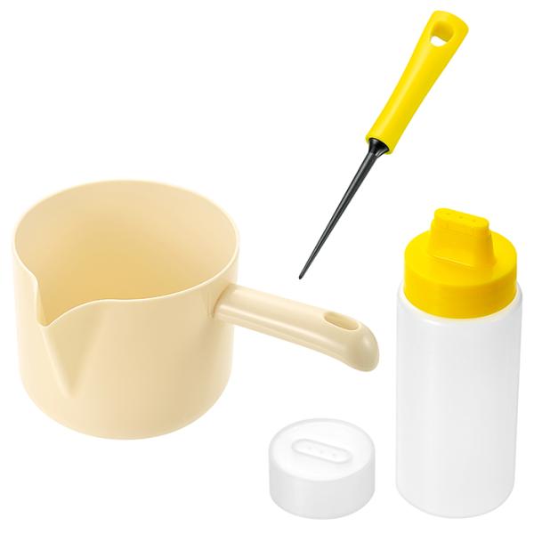 みんなで楽しくやきやきパーティー！たこ焼きつくりに便利なアイテム3点セットです。【そそぎやすい粉つぎ】 持ちやすくそそぎやすい、 たれない形状！【マヨデコ】家庭で本格マヨネーズ デコレーション！【たこ焼きピック】たこ焼き器を傷つけにくい 樹...