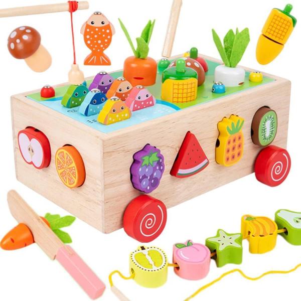 Bajoy 7in1 モンテッソーリ 教育玩具 型はめ 形合わせ はめ込み 指先を使う釣りおもちゃ 紐通しおもちゃ おままごとおもちゃもできる多機能