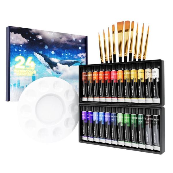 35点セット 透明水彩絵の具 24色 10本ブラシ&1個パレット付き