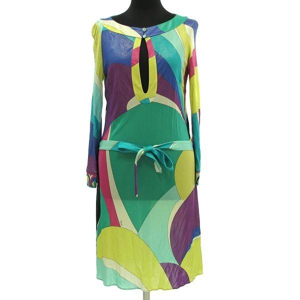 エミリオプッチ コットンワンピース ひざ丈 Vネック ロゴ入り総柄