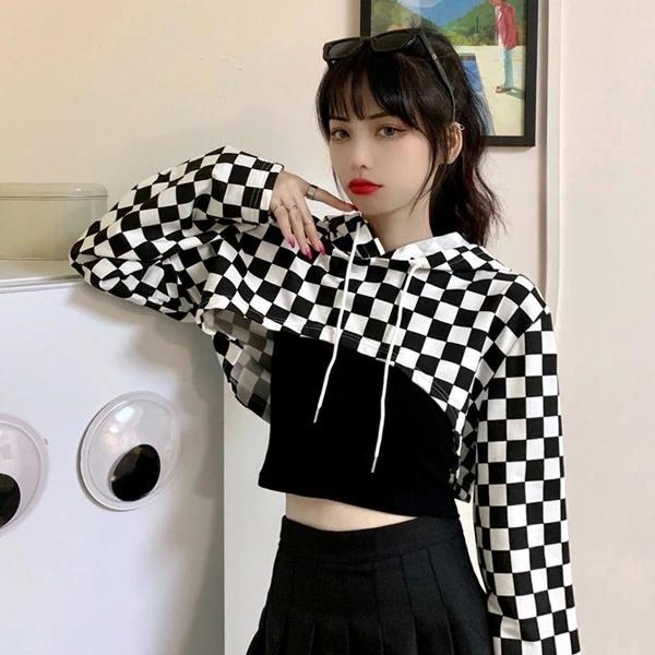 ベリーショート丈パーカー ブロックチェック柄 長袖 モノトーン トップス ダンス 衣装 ヒップホップ コスチューム 韓国ファッション 個性的 服 原宿系 Huwai170 吉祥三宝 通販 Yahoo ショッピング