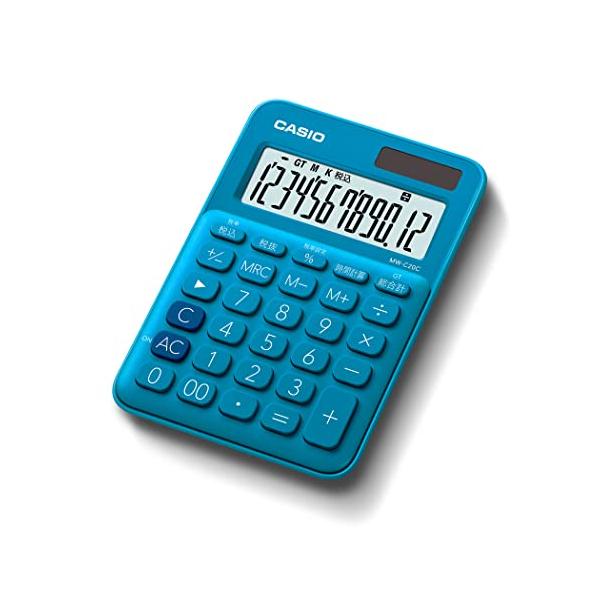 カシオ MW-C20C-BU-N レイクブルー  12桁カラフル電卓 ミニジャストタイプ