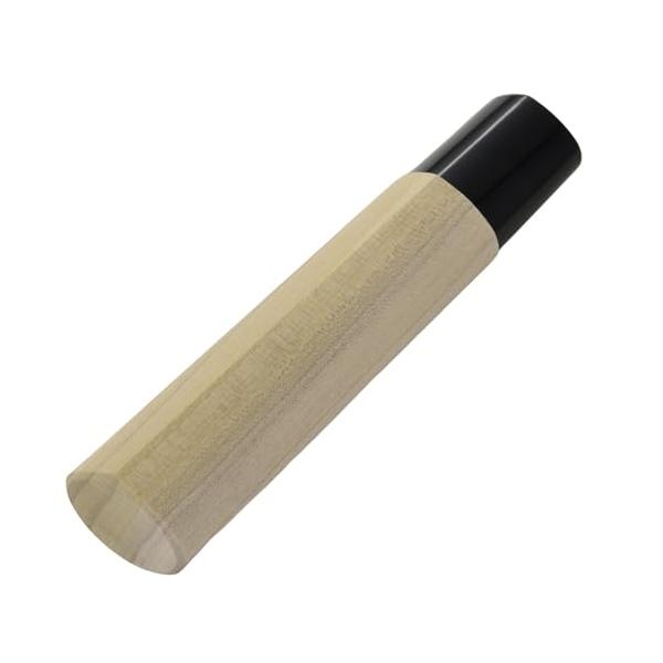 出刃包丁柄ベージュ×ブラック/-/4907052821002・Style:出刃包丁柄・パッケージ個数:1・サイズ:12.3×2.4×2.3cm・重量:26g・150mm対応 すげ替え用出刃包丁柄・本体:ポプラ材・生産国:日本