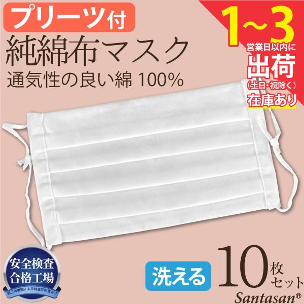 マスク 在庫あり 即納 10枚セット 布マスク プリーツ 男女兼用 大人用 白マスク 綿100％ コットン 布マスク 洗えるマスク