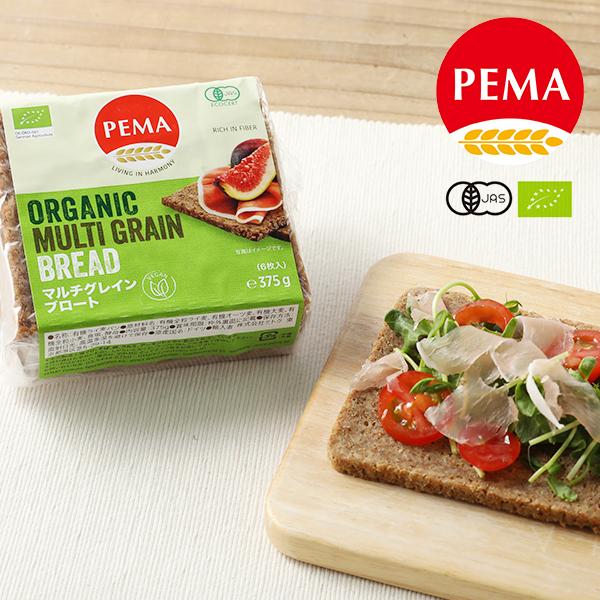 ライ麦に数種類の穀類をミックス。ドイツの伝統的なパンをご家庭で。SPEC■名称：有機ライ麦パン■商品名：PEMA マルチグレインブロート■原材料名：有機全粒ライ麦、有機オーツ麦、有機大麦、有機小麦、食塩、酵母■内容量：375g（6枚入り）■...