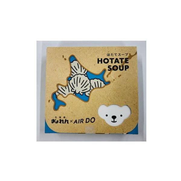 エアドゥ　ほたてスープです。ほたての風味いっぱいの人気スープが待望の商品化！サービスドリンクの提供で大好評の北海道産ほたての旨みがギュッと詰まったスープ。一度飲んだらやみつきになること間違いなし！　オリジナルパッケージは機内販売限定です。内...