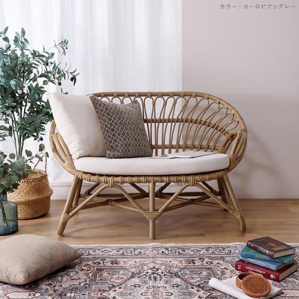ヴィンテージ ラタン カウチソファ 2人掛け 籐家具 レトロ ビンテージ ラタンソファ 2Pソファ ヨーロピアングレー色 クッション付き 籐 天然