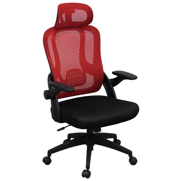 デスクチェア メッシュ張り跳ね上げ肘掛け付きオフィスチェアー レッド