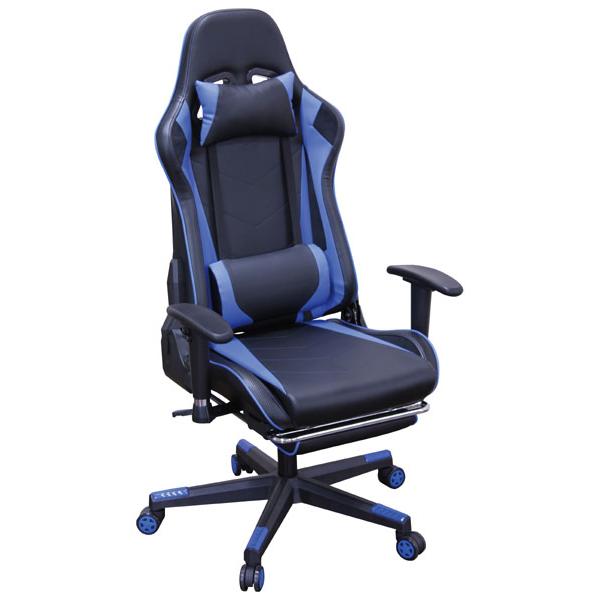 レーシングチェア 合成皮革張り 収納式オットマン(足置き)付き ブルー色（青色） ゲーミングチェア RC-350