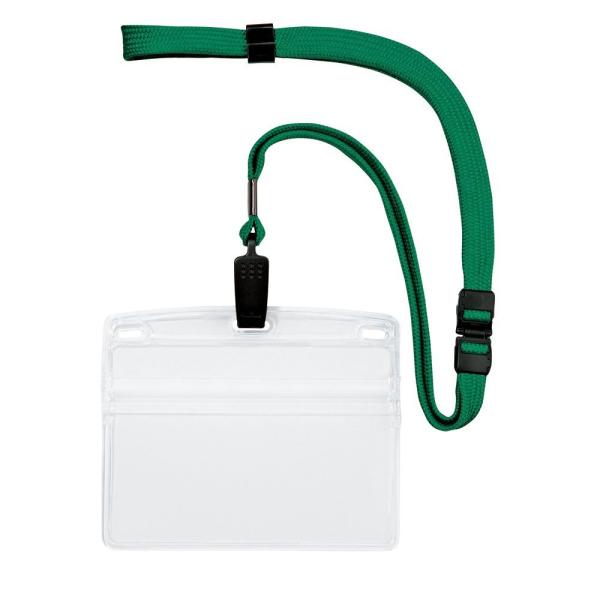 ●吊り下げ名札　クリップ式　ソフトヨコ特大　チャック付　NL-21-GN（緑ヒモ） 1袋10枚入●ひも内容：ループクリップ　クリップ式●ひもサイズ：長さ約90cm、幅約10mm●ひも材質：ひも再生PET●名札用ケース：外寸/W108×H91...