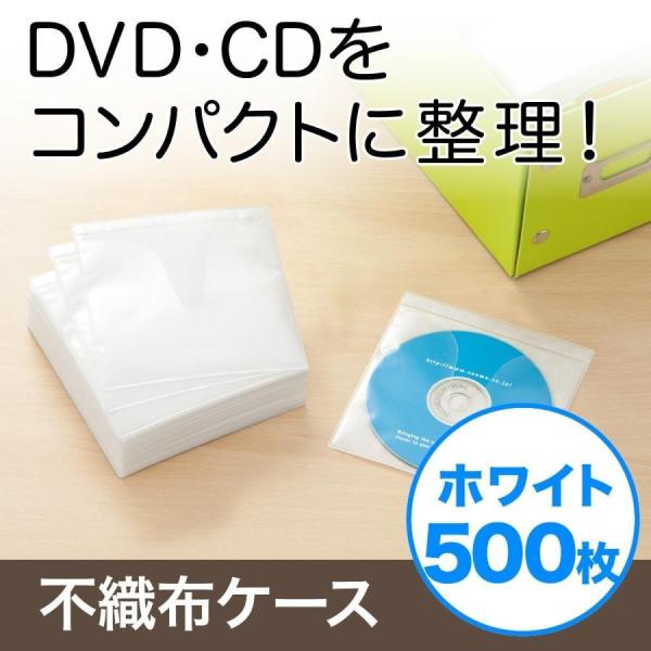 品番：200-FCD008WH-5ここがポイント！・厚さ3mmでスリムに収納できる不織布ケース・DVDやCDを2枚収納できる両面収納タイプ・メディアが飛び出さないサイドストッパー付き・探しやすいインデックスカード付き・お買い得な500枚セッ...