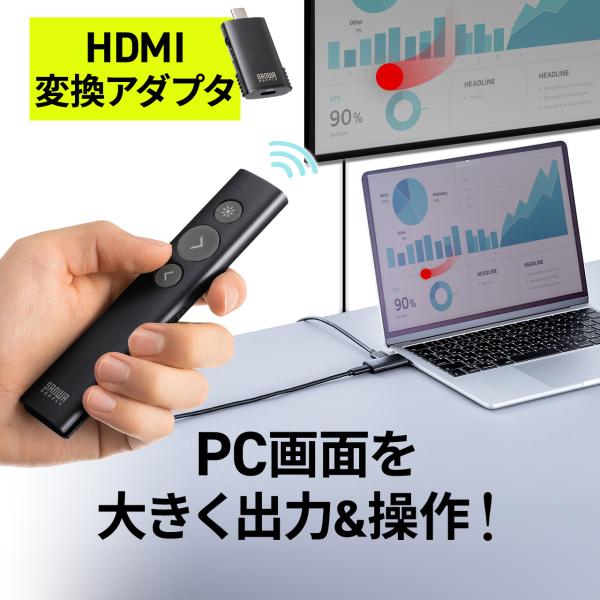 品番：200-LPP051BK3-in-1多機能レシーバー付き、ワイヤレスプレゼンター。USB-C接続の3-in-1多機能レシーバーは、プレゼンターとの接続だけでなくHDMI変換アダプタ、100WまでのPD充電にも対応。シンプルなボタンで左...