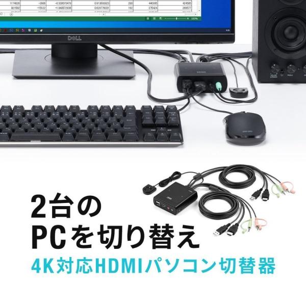 パソコン切替器 HDMI 2台 4K 60Hz KVMスイッチ USBキーボード USBマウス スピーカー マイク Windows macOS 手元スイッチ 電源不要 高解像度 対応