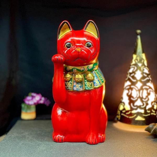 招き猫 瀬戸焼 古色大正猫 大 赤 87203-579 陶器 オブジェ ギフト ネコ