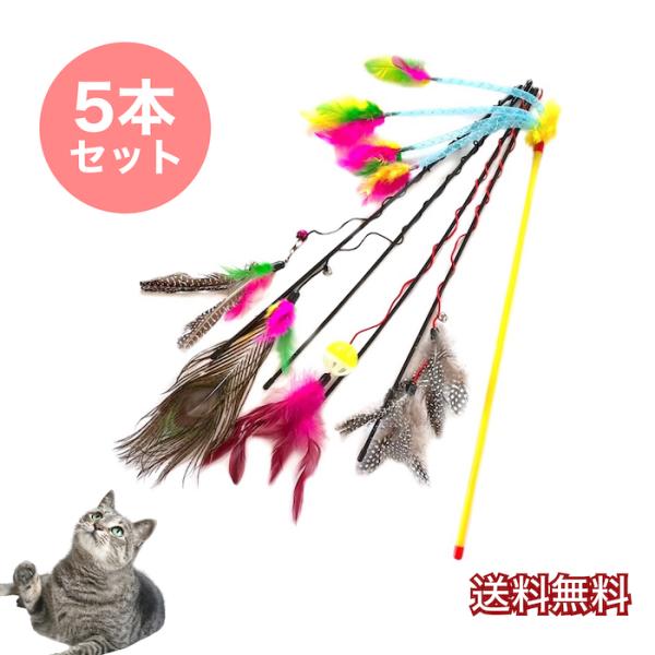 猫じゃらし 5本セット ねこじゃらし 送料無料 猫用 猫のおもちゃ  羽根 鈴 猫用品 ペット用品 猫おもちゃ ストレス解消 運動不足 鳥の羽  頑丈 カラフル